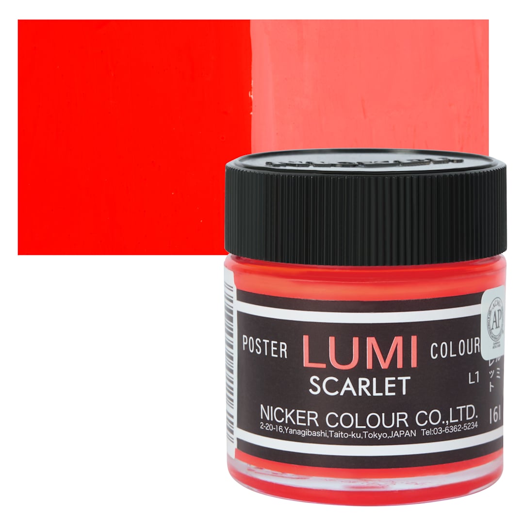 Open in modal - Nicker Lumi Poster Colour Paint - Lumi Scarlet, 40 ml jar and swatch