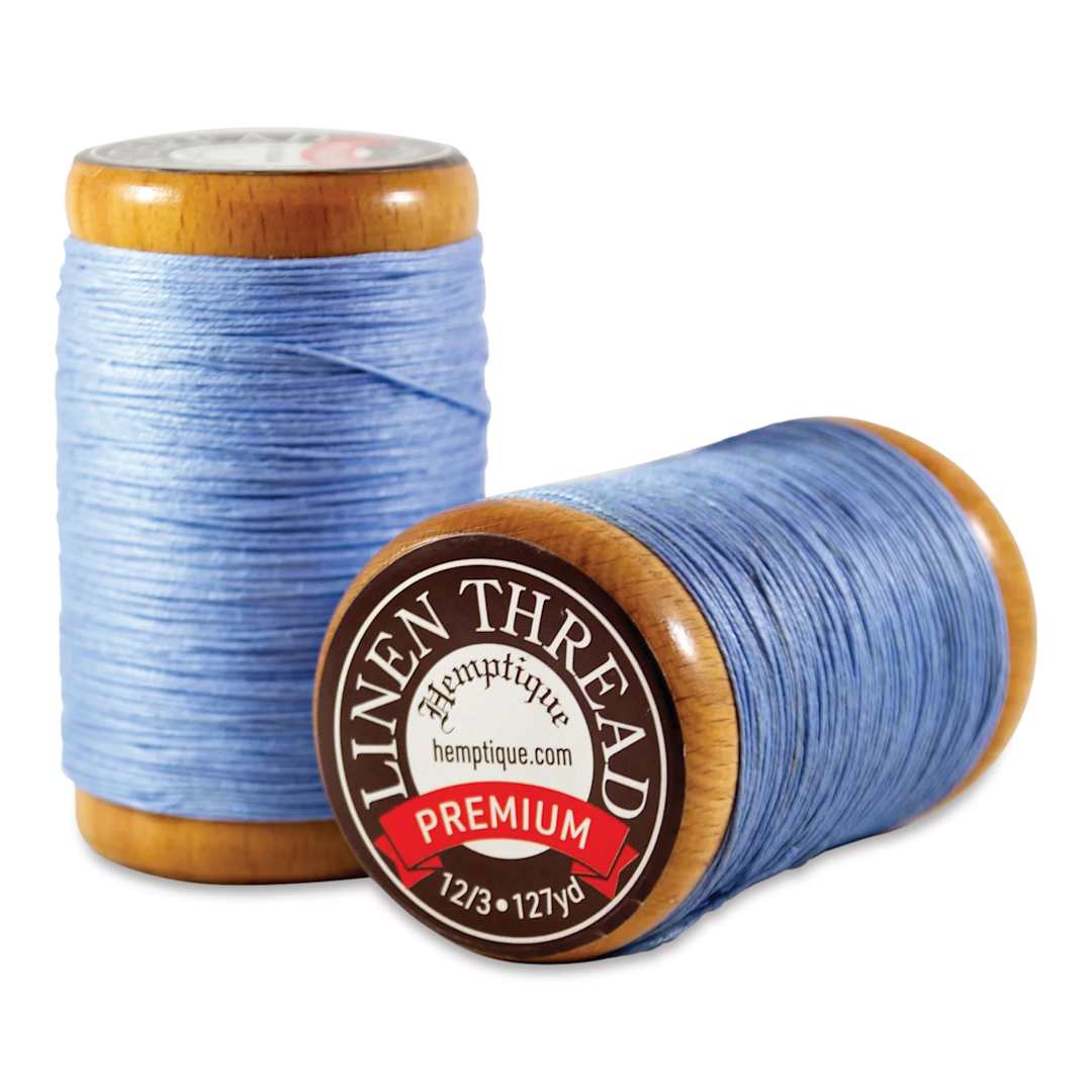 Open in modal - Hemptique Premium Linen Thread - Denim, 1 mm top and side view of spool