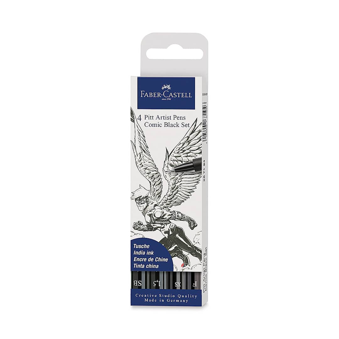 Open in modal - Faber-Castell Pitt Artist Pen Comic Set - Front of package of 4 Black pens