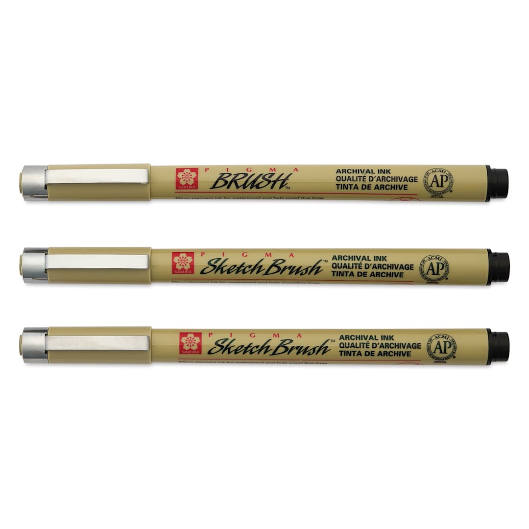 Open in modal - Sakura Pigma Brush and Sketch Brush Pens - Set of 3, Black, laid out