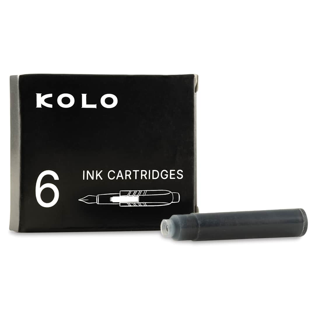 Open in modal - Kolo Fountain Pen Ink Cartridges - Pkg of 6, Black, packaging and cartridge