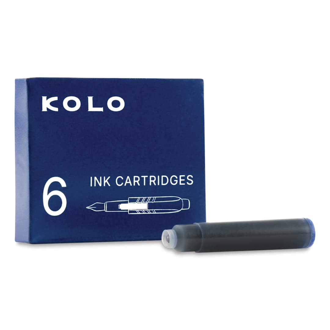 Open in modal - Kolo Fountain Pen Ink Cartridges - Pkg of 6, Blue, packaging and cartridge