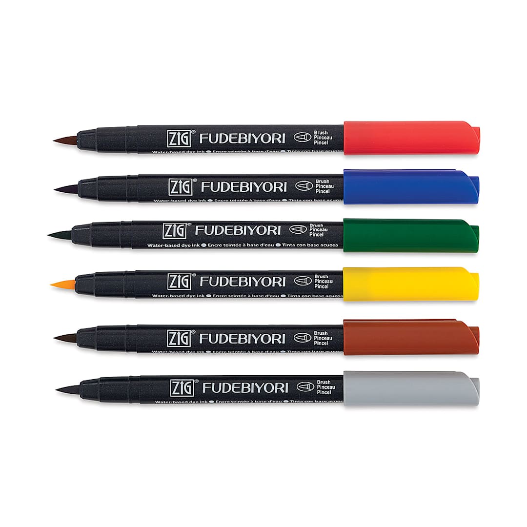 Open in modal - Kuretake Zig Fudebiyori Brush Pens - Set of 6 Assorted Colors shown horizontally and uncapped