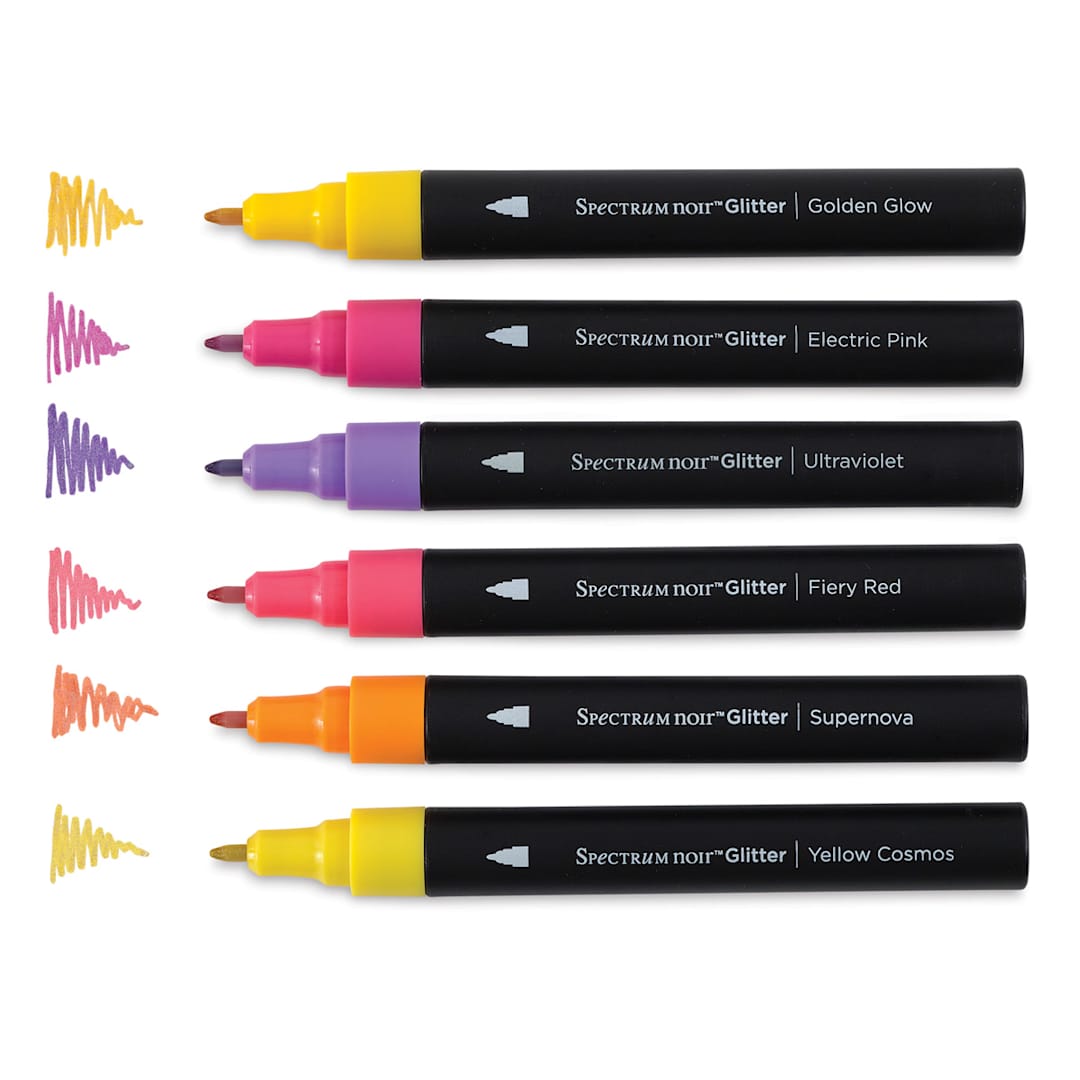 Open in modal - Spectrum Noir Glitter Pen Set - Vibrant Florals, Set of 6 (swatches and pens)