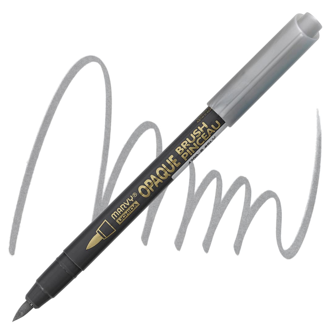 Open in modal - Marvy Uchida Opaque Brush Marker - Silver pen and swatch