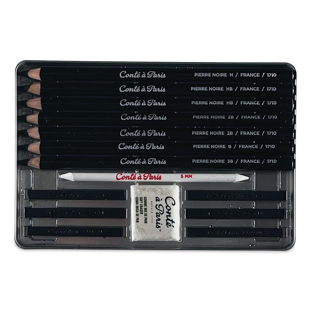 Open in modal - Conté à Paris Pierre Noire - Set of 15, contents inside of the metal box