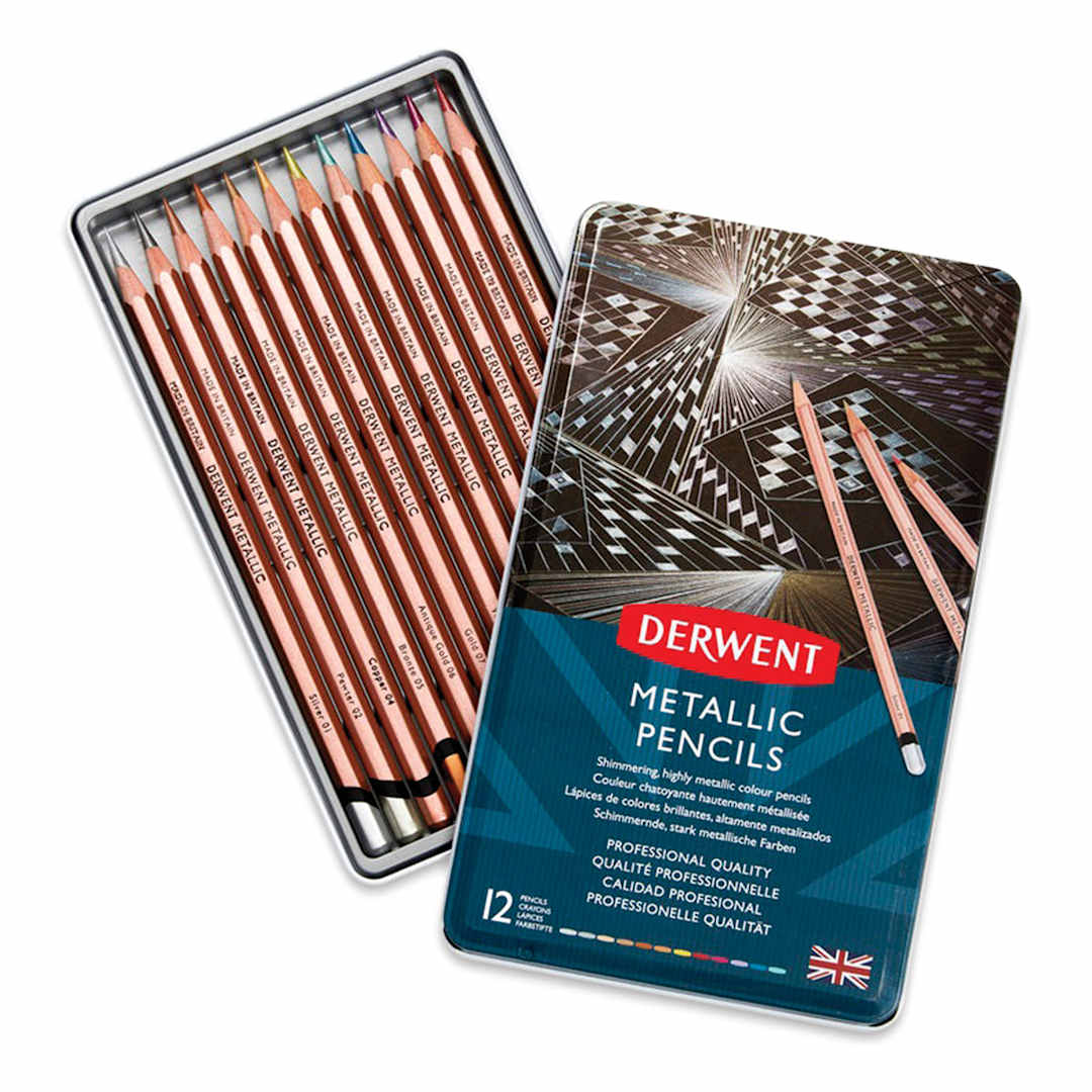 Open in modal - Derwent Professional Metallic Colored Pencils - Top view of 12 Assorted Colors shown in open storage tin