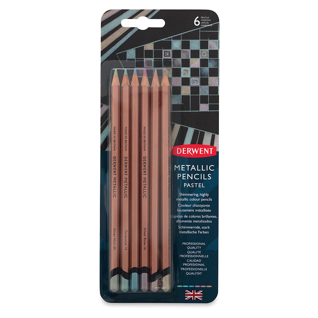 Open in modal - Derwent Professional Metallic Colored Pencils - Front view of Pastel Colors package, Set of 6 