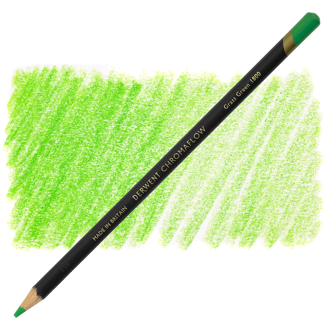 Open in modal - Derwent Chromaflow Colored Pencil - Grass Green, swatch and pencil