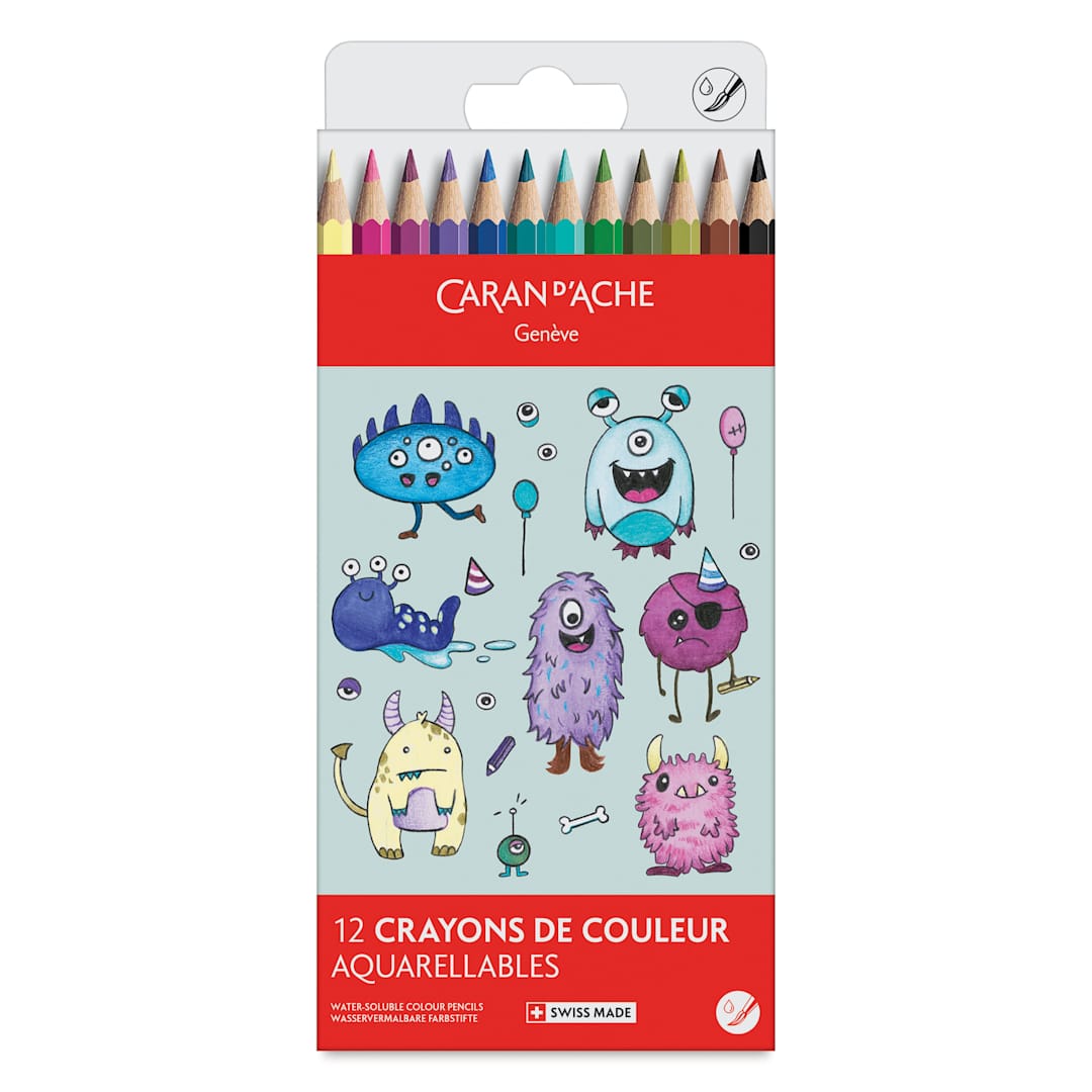 Open in modal - Caran d'Ache Swisscolor Aquarelle Colored Pencils - Set of 12, Kawaii Funny Monsters, front of packaging