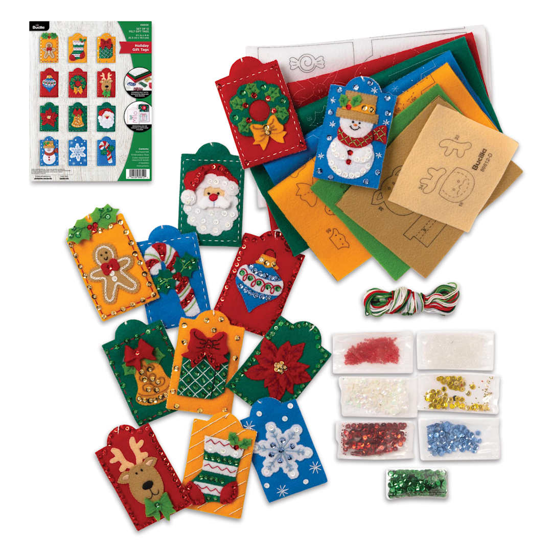 Open in modal - Bucilla Felt Holiday Gift Tags Kit contents with front of packaging