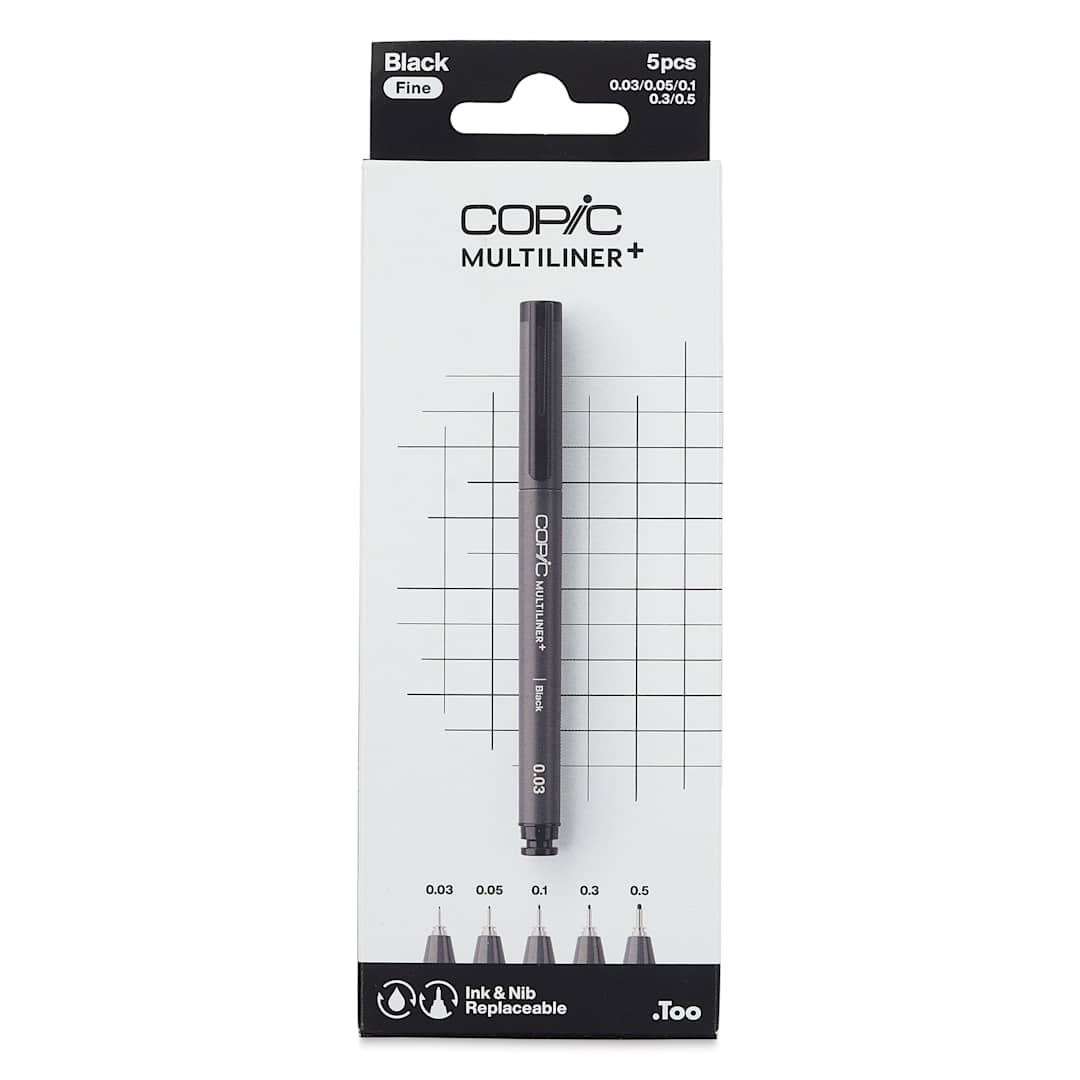 Open in modal - Copic Multiliner Plus Pens - Set of 5, Black, Assorted Fine Tip, front of packaging