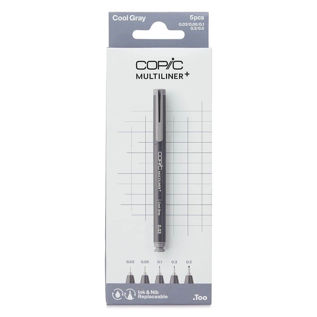 Open in modal - Copic Multiliner Plus Pens - Set of 5, Cool Gray, Assorted Fine Tip, front of packaging