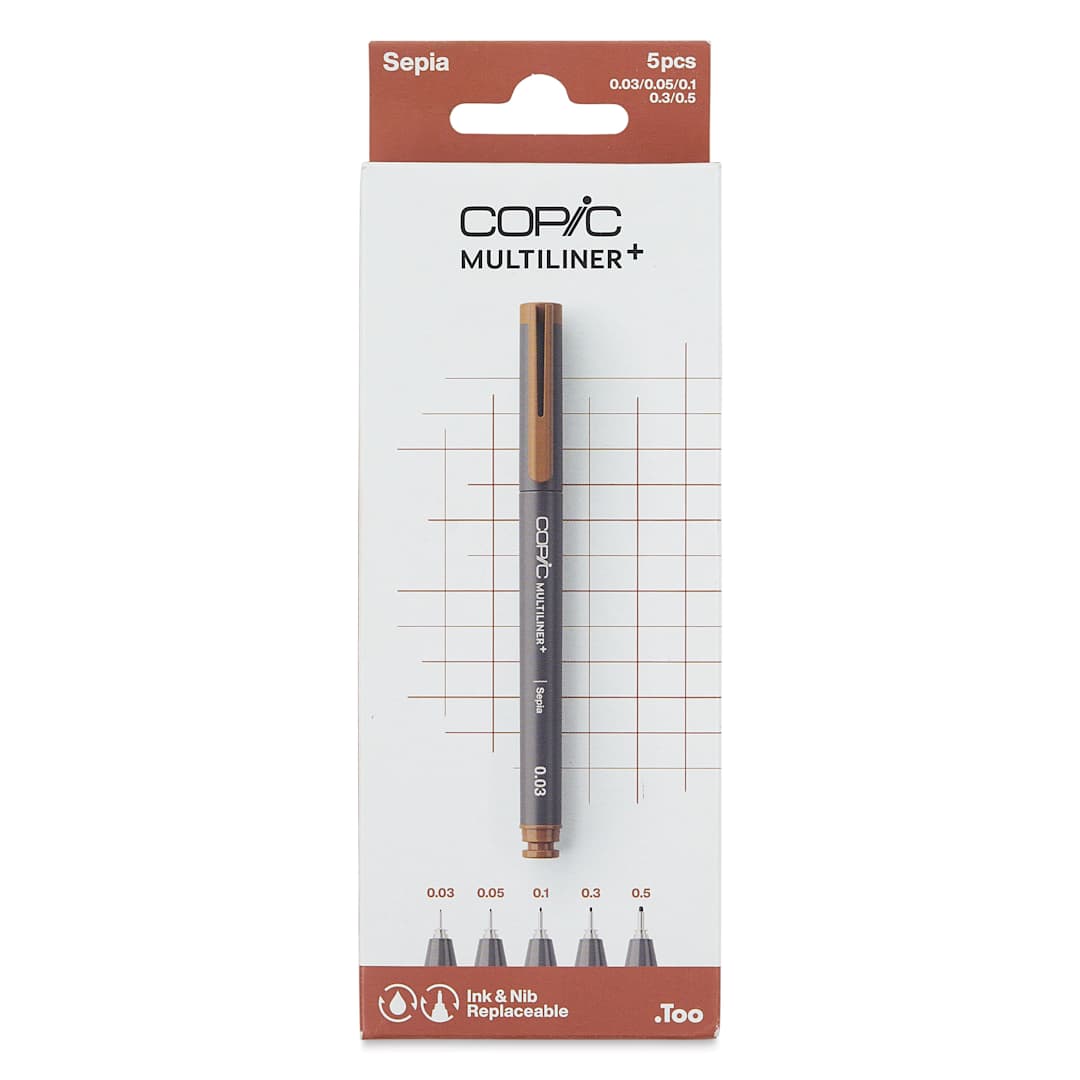 Open in modal - Copic Multiliner Plus Pens - Set of 5, Sepia, Assorted Fine Tip, front of packaging