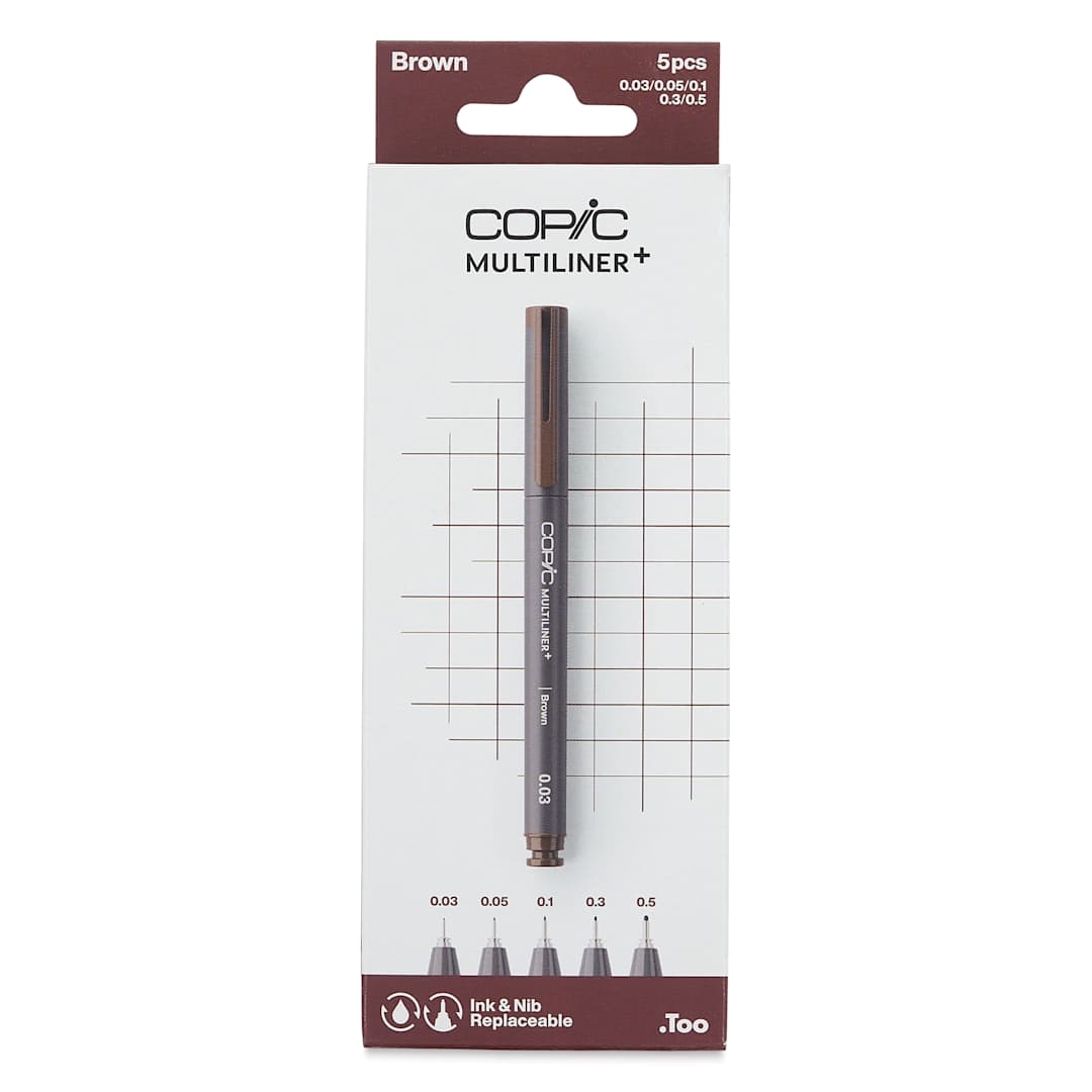 Open in modal - Copic Multiliner Plus Pens - Set of 5, Brown, Assorted Fine Tip, front of packaging