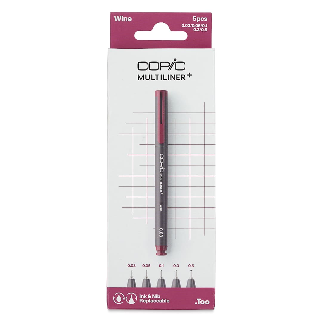 Open in modal - Copic Multiliner Plus Pens - Set of 5, Wine, Assorted Fine Tip, front of packaging