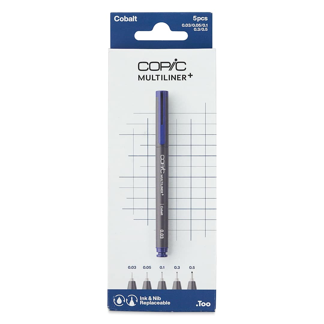Open in modal - Copic Multiliner Plus Pens - Set of 5, Cobalt, Assorted Fine Tip, front of packaging