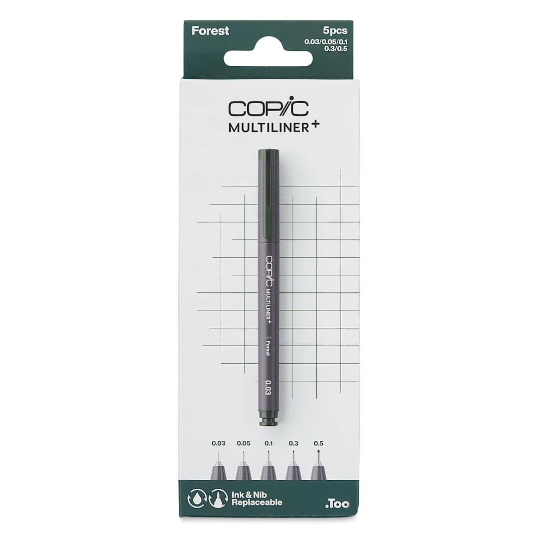 Open in modal - Copic Multiliner Plus Pens - Set of 5, Forest, Assorted Fine Tip, front of packaging