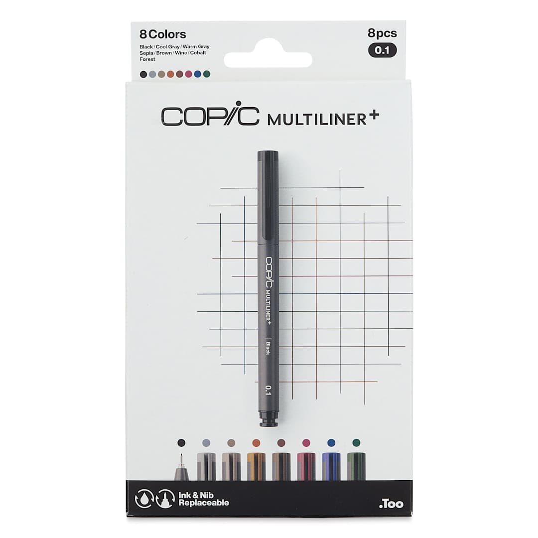 Open in modal - Copic Multiliner Plus Pens - Set of 8, Assorted Colors, 0.3 mm, Fine Tip, front of packaging