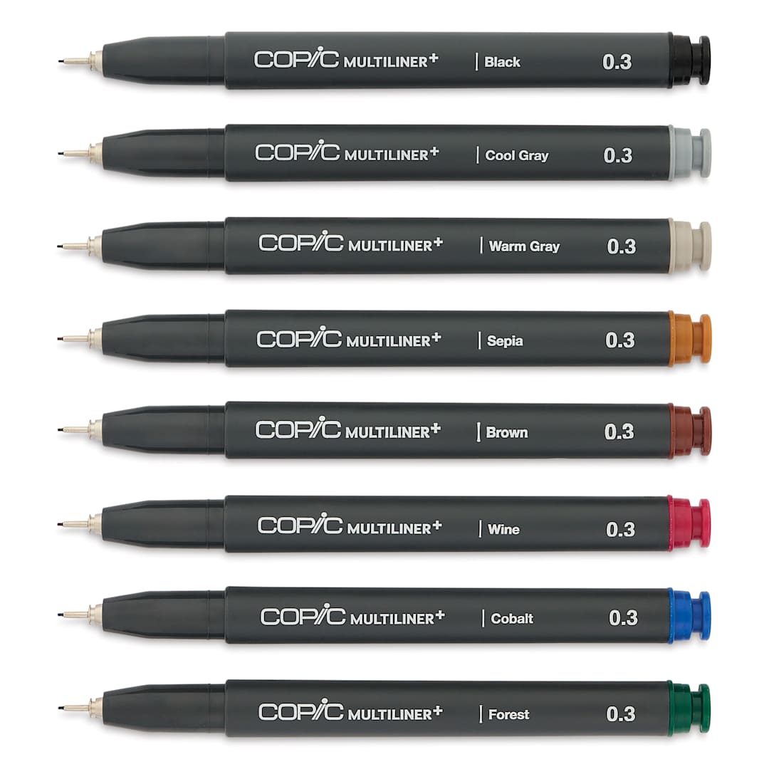 Open in modal - Copic Multiliner Plus Pens - Set of 8, Assorted Colors, 0.1 mm, Fine Tip, uncapped