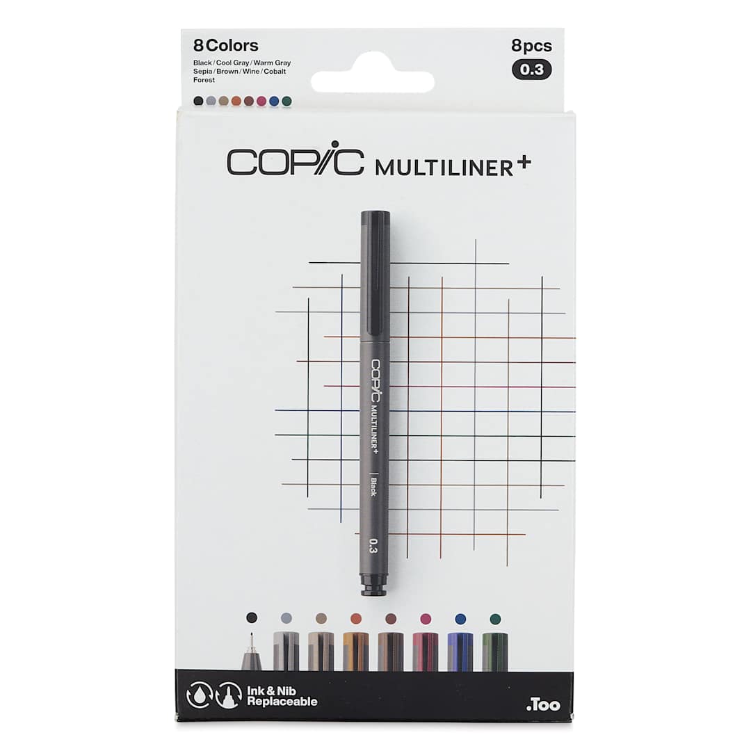 Open in modal - Copic Multiliner Plus Pens - Set of 8, Assorted Colors, 0.1 mm, Fine Tip, front of packaging