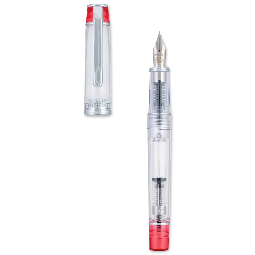 Open in modal - Pilot Prera Clear Fountain Pen - Red, Calligraphy Nib, cap off (image may depict a different style nib)