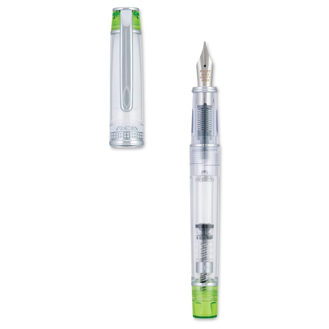 Open in modal - Pilot Prera Clear Fountain Pen - Light Green, Calligraphy Nib, cap off (image may depict a different style nib)