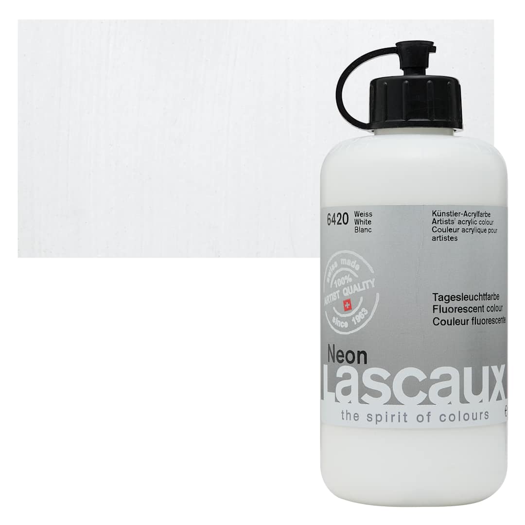 Open in modal - Lascaux Neon Acrylic Paint - White, 250 ml bottle and swatch