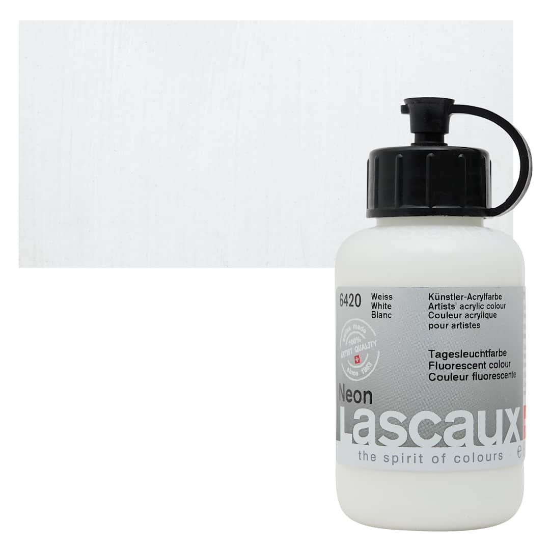 Open in modal - Lascaux Neon Acrylic Paint - White, 85 ml bottle and swatch