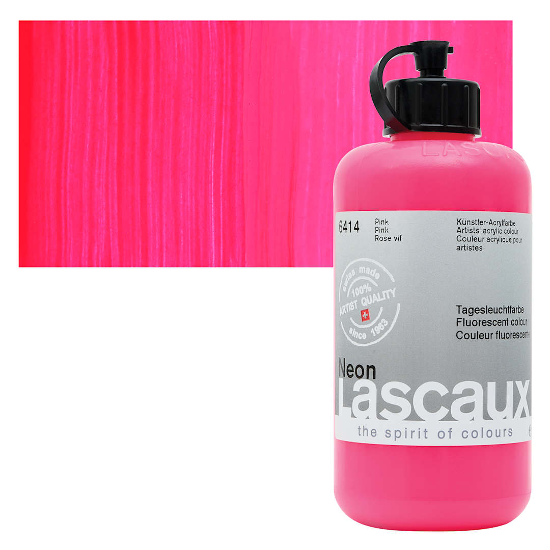 Open in modal - Lascaux Neon Acrylic Paint - Pink, 250 ml bottle and swatch