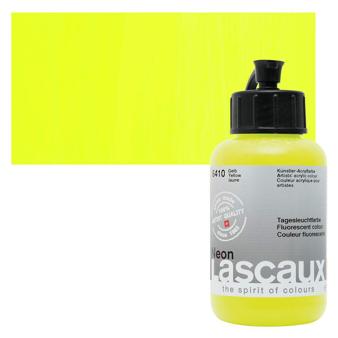 Open in modal - Lascaux Neon Acrylic Paint - Yellow, 85 ml bottle and swatch