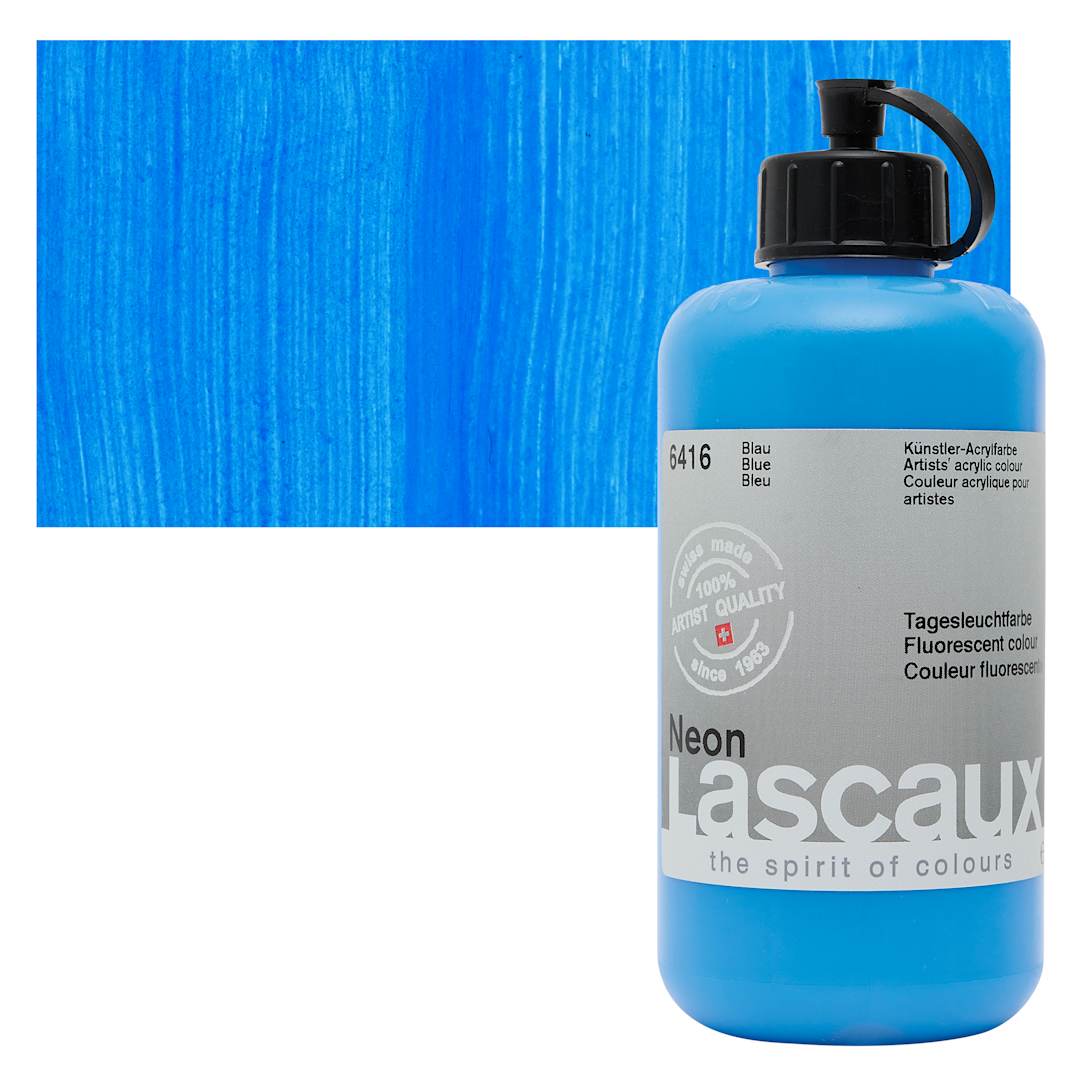 Open in modal - Lascaux Neon Acrylic Paint - Blue, 250 ml bottle and swatch