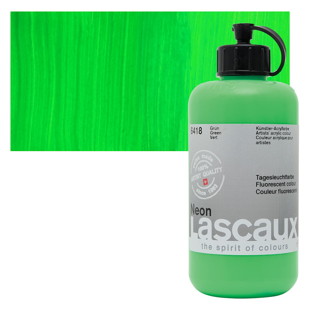 Open in modal - Lascaux Neon Acrylic Paint - Green, 250 ml bottle and swatch