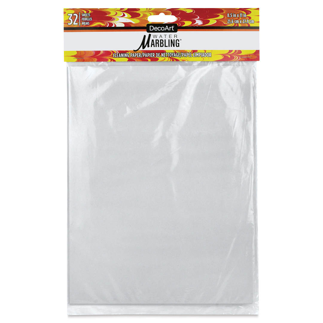 Open in modal - DecoArt Water Marbling Cleaning Paper, 8-1/2" x 11", Pkg of 32 front of the packaging. 