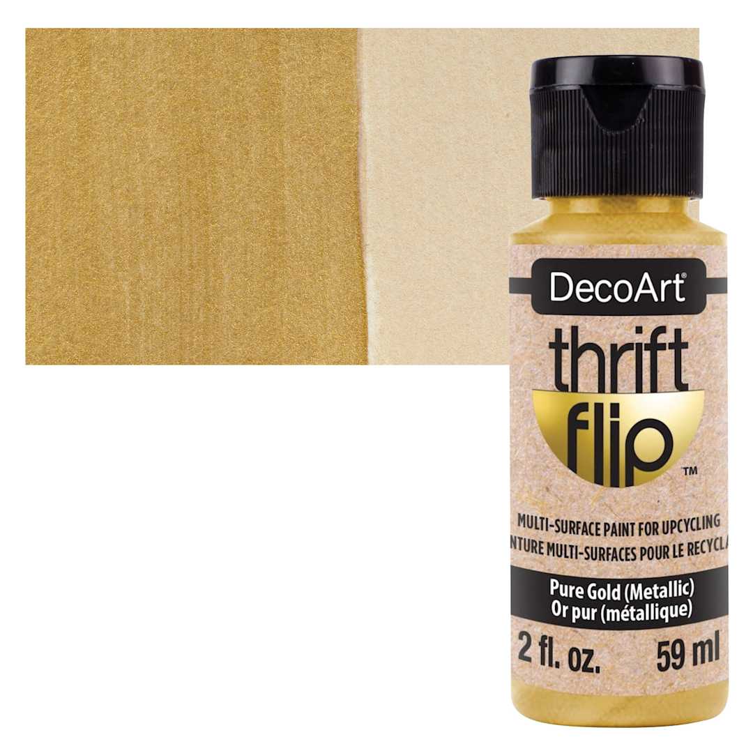 Open in modal - DecoArt Thrift Flip Multi-Surface Paint - Pure Gold Metallic, 2 oz bottle and swatch