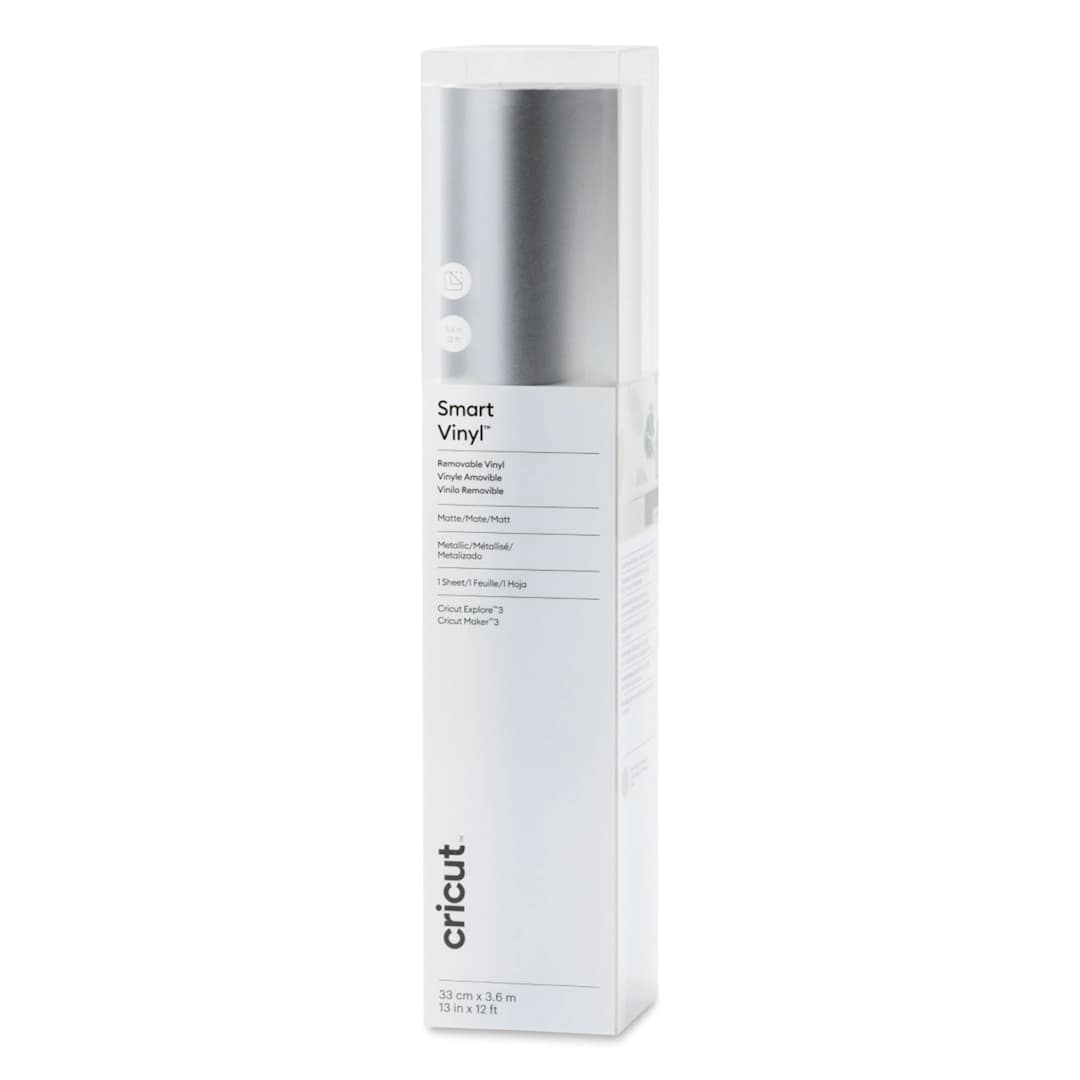Open in modal - Cricut Removable Smart Vinyl - Metallic Silver, 13" x 12 ft, roll inside of the packaging