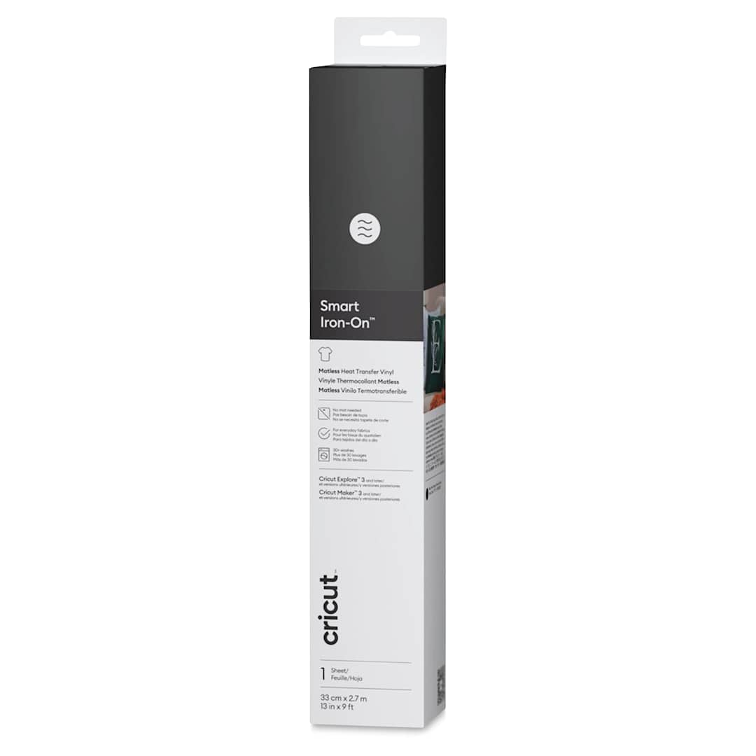 Open in modal - Cricut Smart Iron-On Heat Transfer Vinyl - Black, 13" x 9 ft, Roll front of packaging