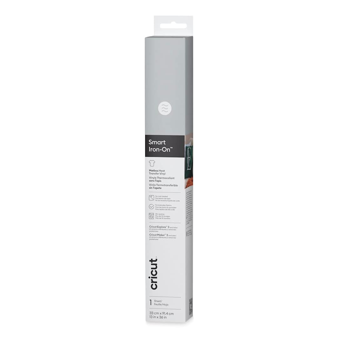 Open in modal - Cricut Smart Iron-On Heat Transfer Vinyl - Silver, 13" x 3 ft Roll front of packaging