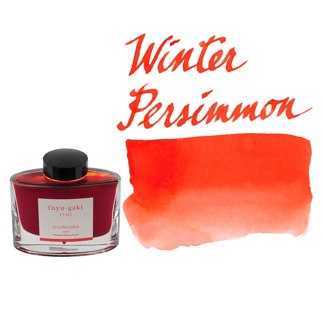 Open in modal - Pilot Iroshizuku Fountain Pen Ink - Winter Persimmon (Fuyu-gaki), swatch and bottle
