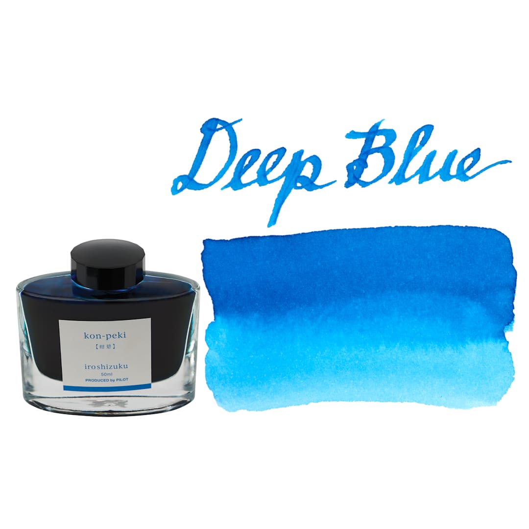 Open in modal - Pilot Iroshizuku Fountain Pen Ink - Deep Blue (Kon-peki), swatch and bottle