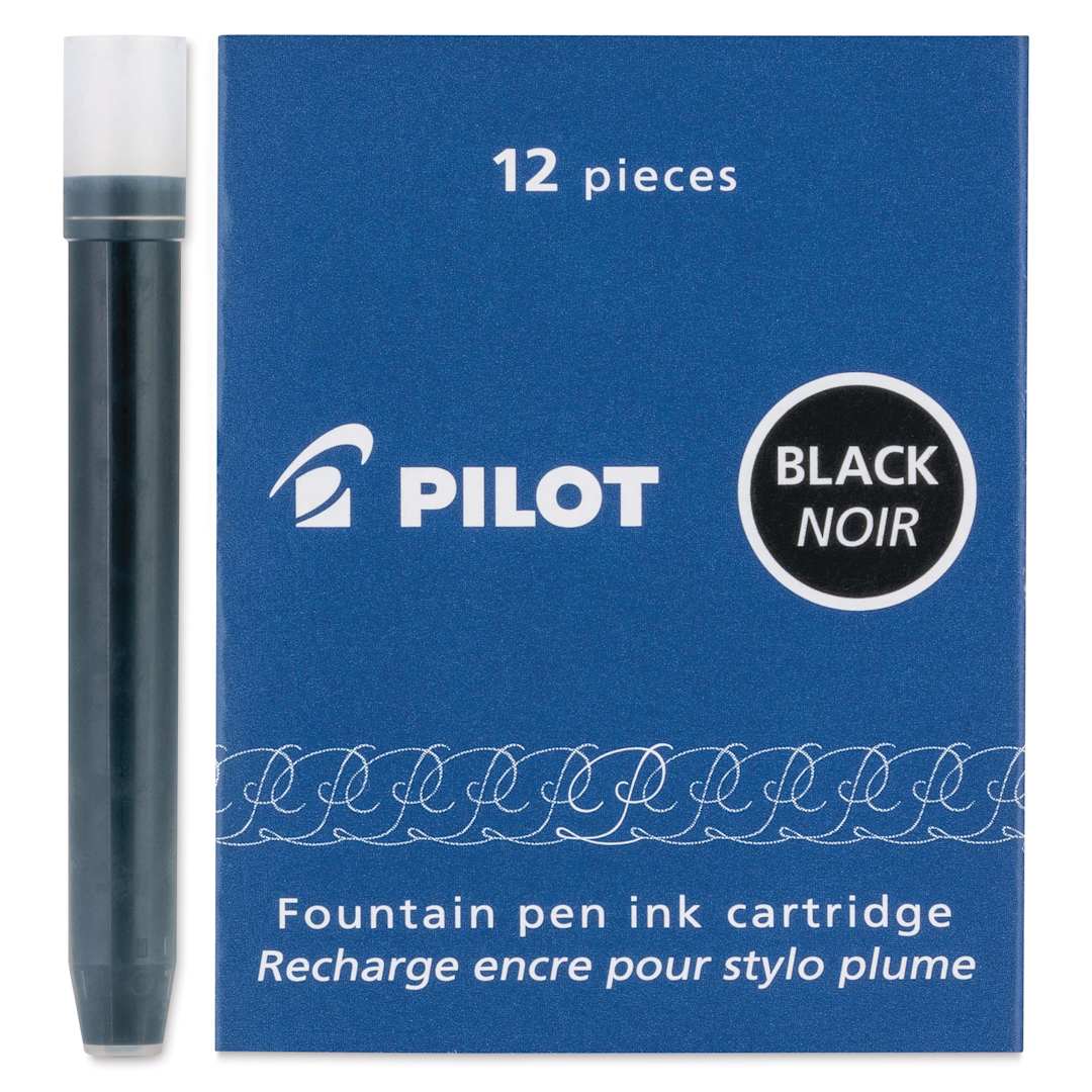 Open in modal - Pilot Fountain Pen Ink Cartridge - Black, Pkg of 12, one cartridge next to the packaging