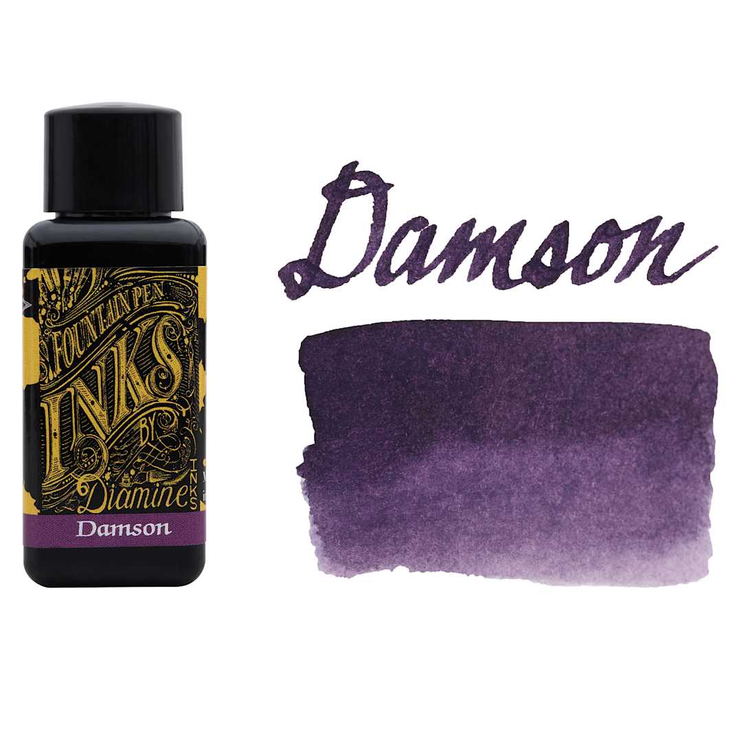 Open in modal - Diamine Fountain Pen Ink - Damson, 30 ml bottle with swatch