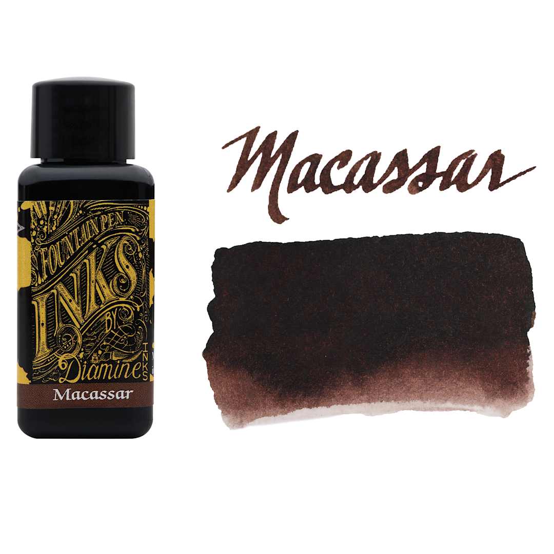 Open in modal - Diamine Fountain Pen Ink - Macassar, 30 ml bottle with swatch