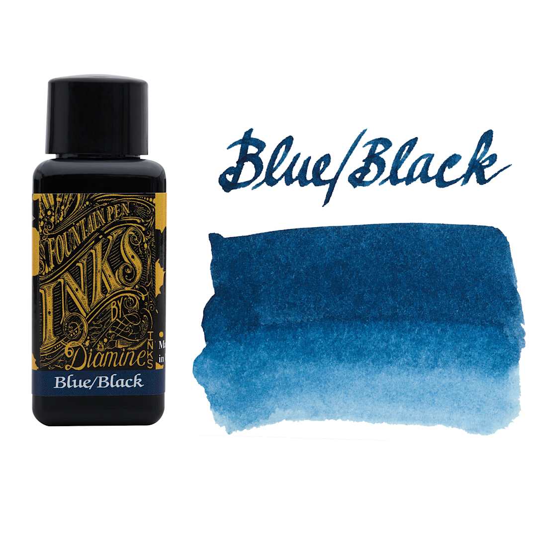 Open in modal - Diamine Fountain Pen Ink - Blue/Black, 30 ml bottle with swatch