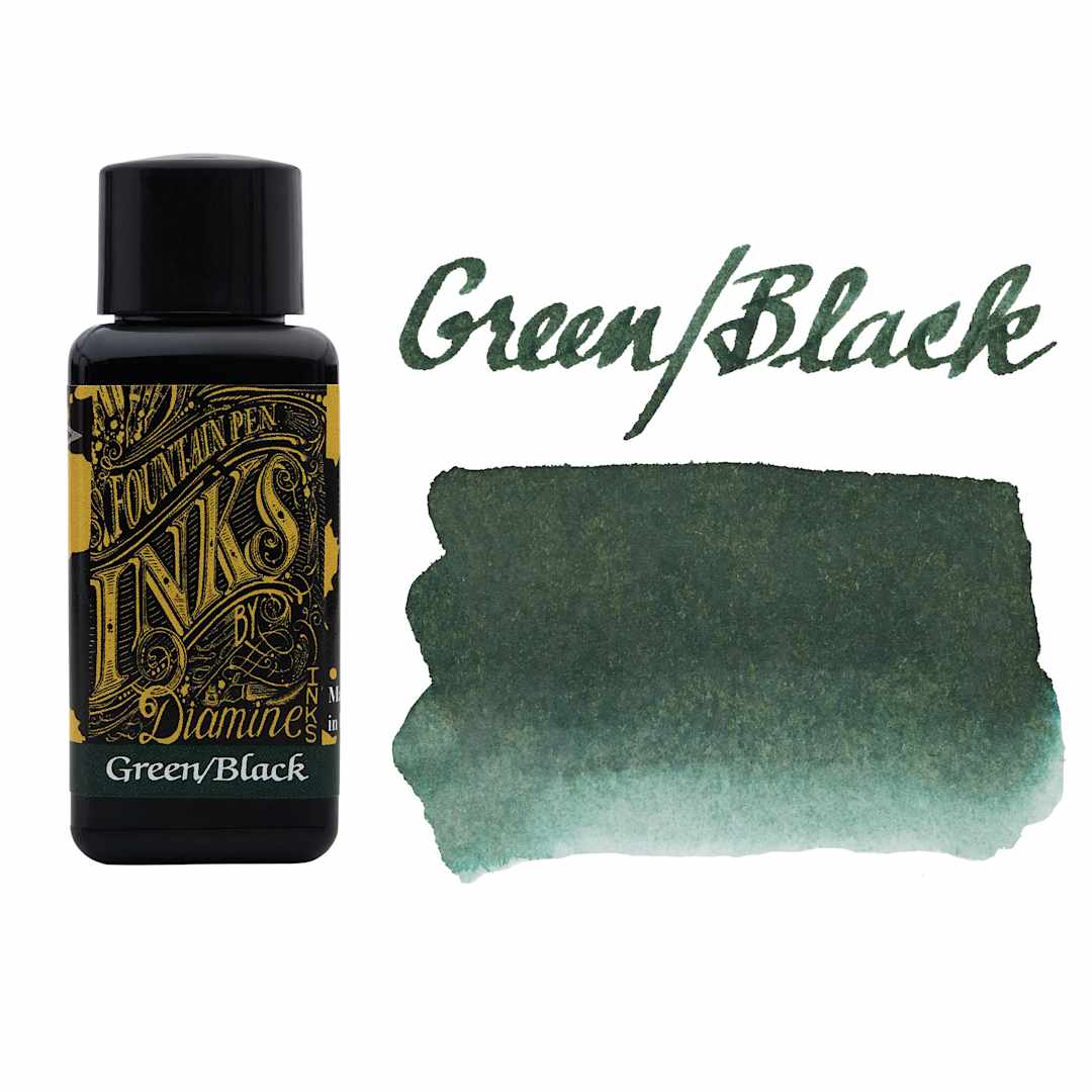 Open in modal - Diamine Fountain Pen Ink - Green/Black, 30 ml bottle and swatch