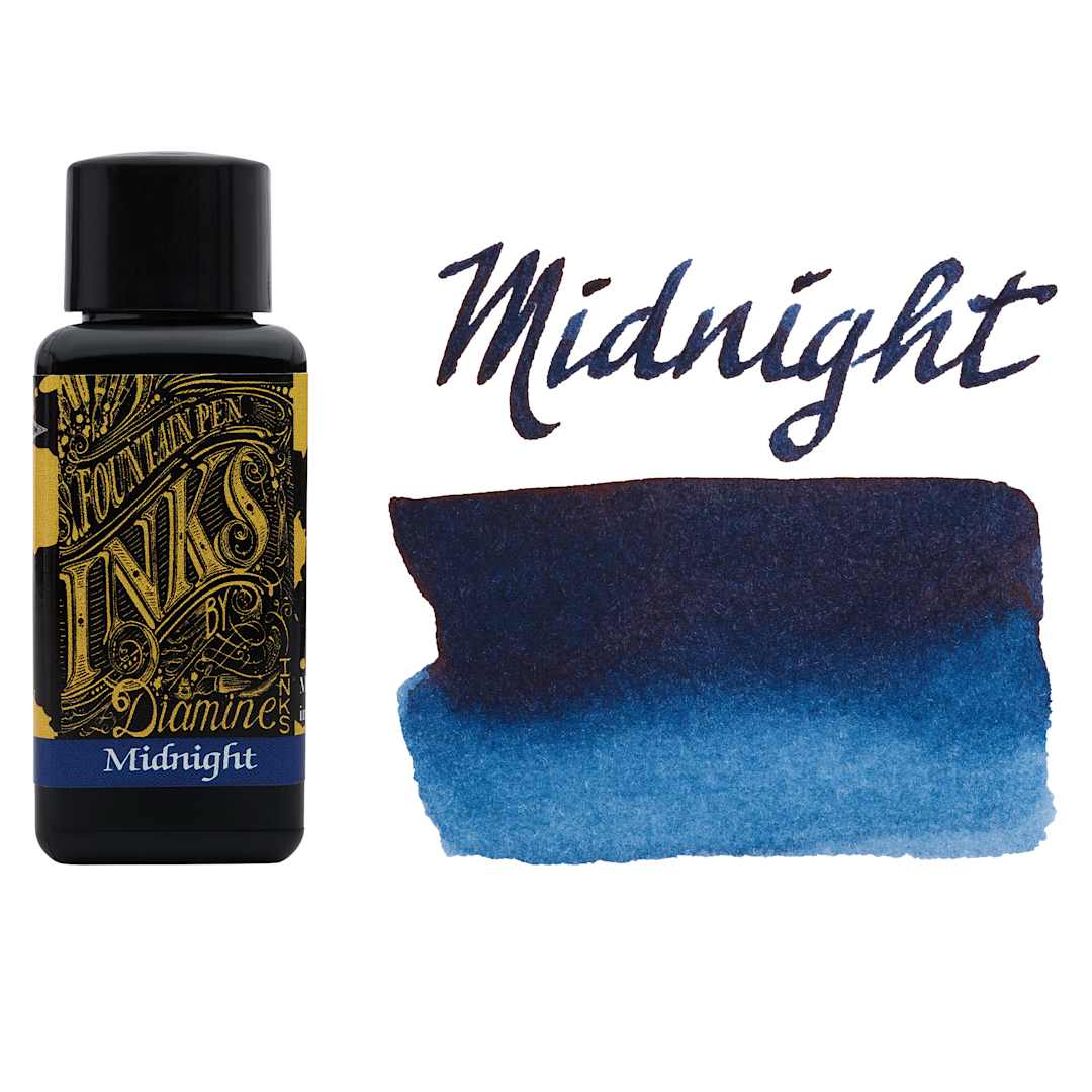 Open in modal - Diamine Fountain Pen Ink - Midnight, 30 ml bottle with swatch
