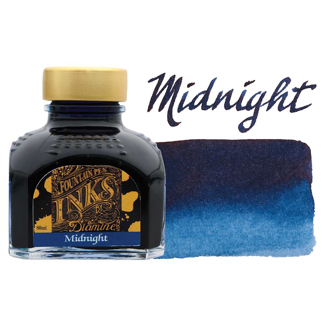 Open in modal - Diamine Fountain Pen Ink - Midnight, 80 ml bottle with swatch