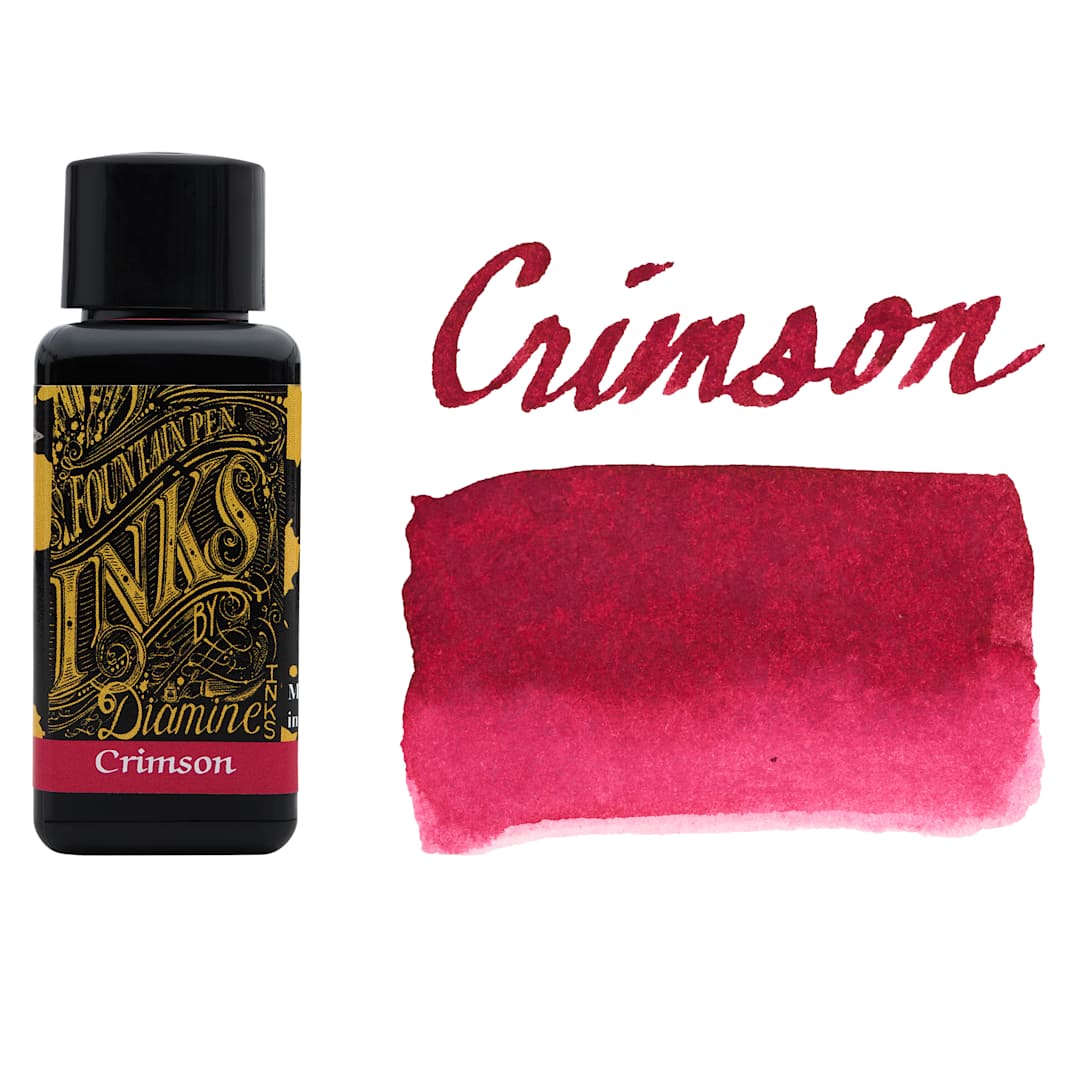 Open in modal - Diamine Fountain Pen Ink - Crimson, 30 ml bottle with swatch