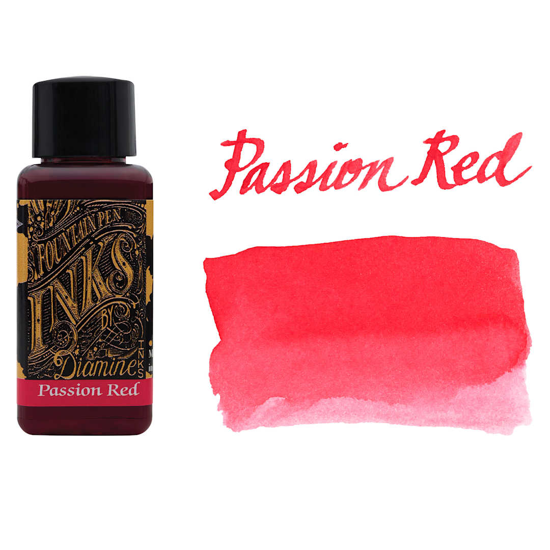 Open in modal - Diamine Fountain Pen Ink - Passion Red, 30 ml bottle with swatch