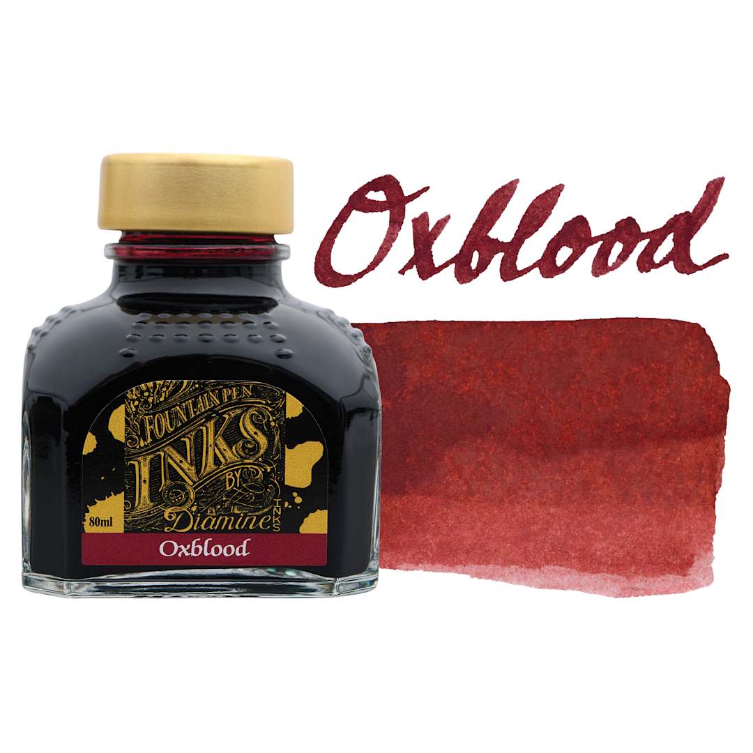 Open in modal - Diamine Fountain Pen Ink - Oxblood, 80 ml bottle with swatch